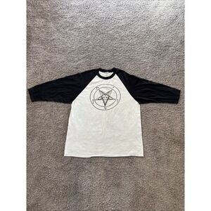 Vintage White Anvil Baphomet Goat Satan 666 Long Sleeve Baseball‎ Style Shirt L